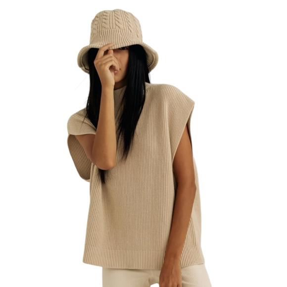 Paper Label Accessories - Paper Label Ariel Oatmeal Knit Bucket Hat, O/S, 100% Cotton